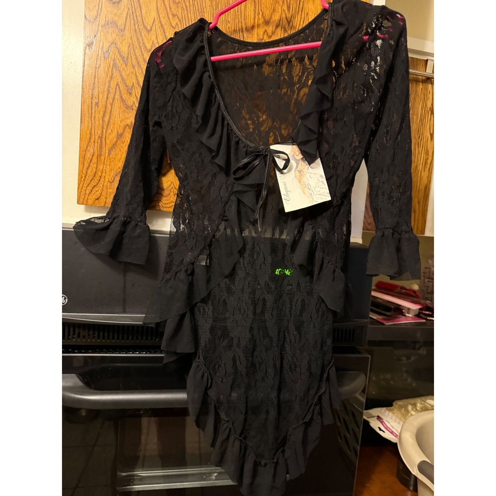 Elegant Moments Black Lace Ruffle Tie Front Robe Lingerie Style 1963 One Size